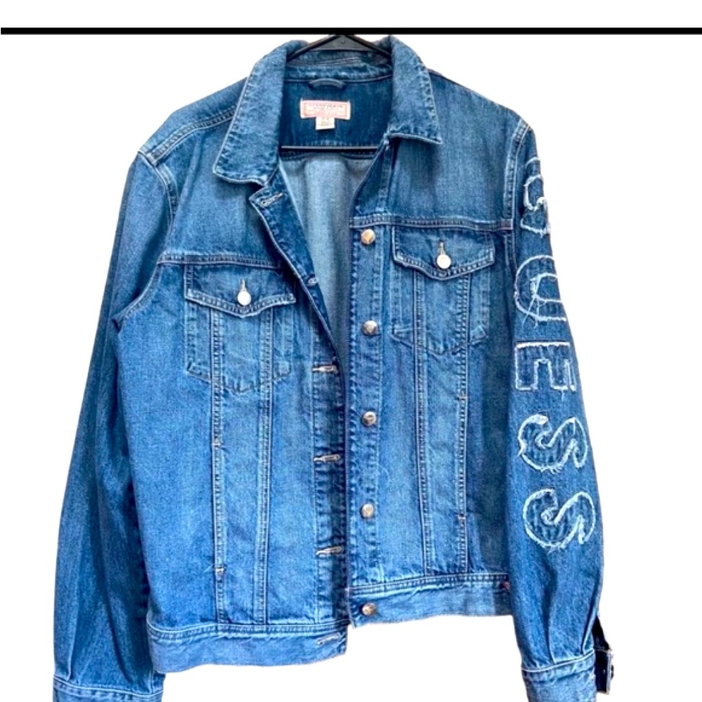 GUESS vintage 90s iconic denim jacket with distressed GUESS on sleeves size XS